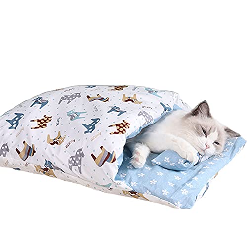 Langlebiges, bequemes natürliches Katzenbett für Haustiere, halbgeschlossen, warm, weich, mit Kissen, Blau von Yiifunglong