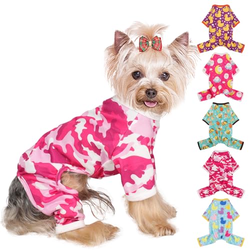 Hunde-Pyjama, kleine Größe, für Jungen und Mädchen, Baumwolle, dehnbar, Haustierkleidung, Jammies, Welpen-Outfits für Hündinnen und Männer, Frühling Sommer, Hunde-Pyjama (rosa Tarnmuster, S) von Yikeyo
