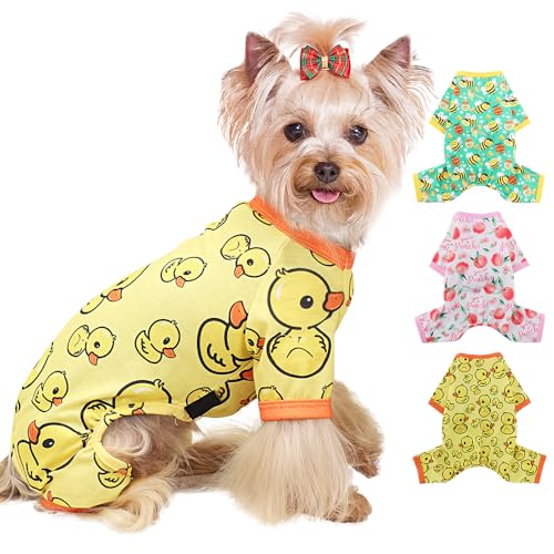 Yikeyo Hunde-Pyjama, kleine Größe, für Jungen und Mädchen, Baumwolle, dehnbar, Haustierkleidung, Jammies, Welpen-Outfits für Hündinnen und Männer, Frühlingssommer, Hunde-Pyjama (gelbe Ente, M) von Yikeyo