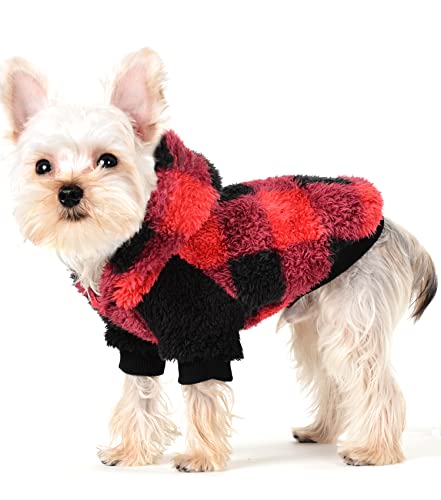 Plaid Hunde-Kapuzenpullover für kleine Hunde, Katzen, Welpen, Kleidung, Mantel, warm und weich, Größe M, Rot von Yikeyo