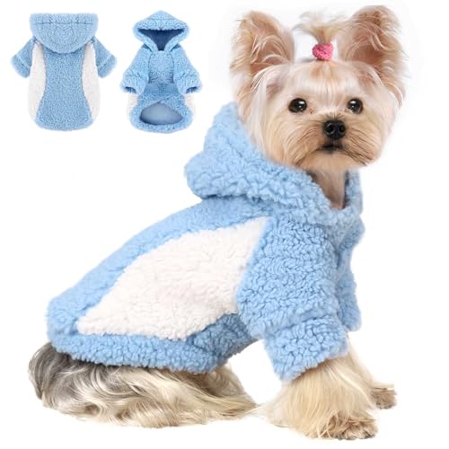 YIKEYO Hunde-Kapuzenpullover mit Mütze, weicher und warmer Hunde-Kapuzenpullover, für kaltes Wetter, Kleidung für kleine Hunde, Patchwork-Hundepullover mit Kapuze, Blau, Größe XXS YIKEYO Hunde-Kapuzenpullover mit Mütze, weicher und warmer Hunde-Kapuzenpullover, für kaltes Wetter, Kleidung für kleine Hunde, Patchwork-Hundepullover mit Kapuze, Blau, Größe XXS von Yikeyo