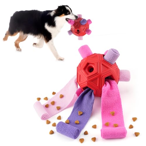 Yikko Interaktiver Schnüffelball, verbessertes Kauspielzeug für aggressive Kauer, Stoffstreifen zum Verstecken von Futter für kleine, mittelgroße Hunde (Pink Purple) von Yikko