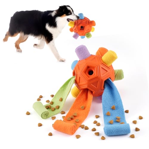 Yikko Interaktiver Schnüffelball, verbessertes Kauspielzeug für aggressive Kauer, Stoffstreifen zum Verstecken von Futter für kleine, mittelgroße Hunde (Regenbogen-Orange) von Yikko