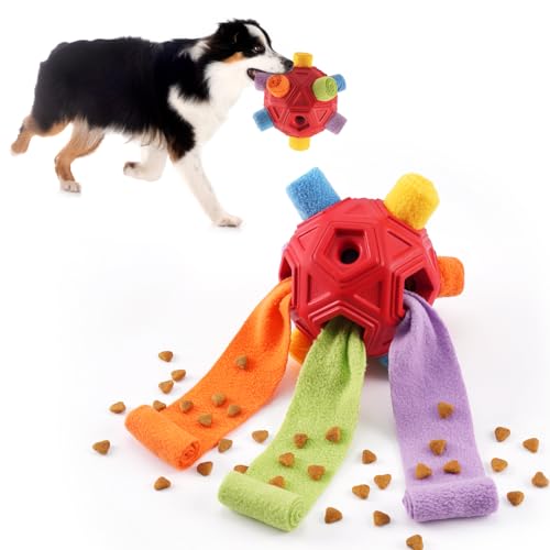 Yikko Interaktiver Schnüffelball, verbessertes Kauspielzeug für aggressive Kauer, Stoffstreifen zum Verstecken von Futter für kleine, mittelgroße Hunde (Regenbogenrot) von Yikko