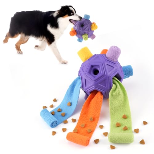 Yikko Interaktiver Schnüffelball, verbessertes Kauspielzeug für aggressive Kauer, Stoffstreifen zum Verstecken von Futter für kleine, mittelgroße Hunde (Regenbogenviolett) von Yikko
