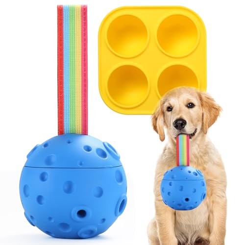 Yikko Interaktives Hundespielzeug, Welpenspielzeug und befüllbares Leckerli-Tablett, bereicherndes Schleckball für Aggressive Kauer, langlebiger Meteoritenball mit Riemen (Blau) von Yikko
