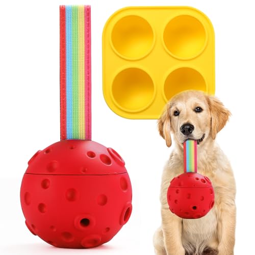 Yikko Interaktives Hundespielzeug, Welpenspielzeug und befüllbares Leckerli-Tablett, bereicherndes Schleckball für Aggressive Kauer, langlebiger Meteoritenball mit Riemen (Rot) von Yikko