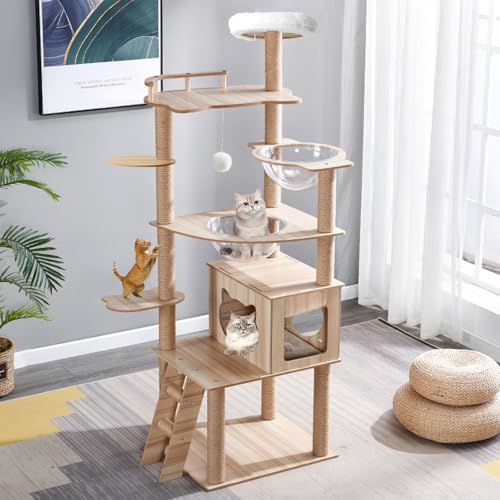B12 Kratzbaum für Indoor-Katzen, großer Erwachsenen-Kratzbaum, Turm mit Höhle, Katzentreppe, 2 Näpfe, 14 Sisal-Kratzstämme, obere Sitzstange, mit gepolstertem Plattformbett, Spielzeugbälle, großer von Yinanroa