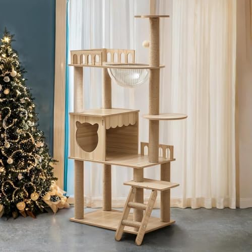 KT-1022 Katzenturm, mehrstöckig, aus reinem Holz, moderner Katzenbaum mit Höhle, Katzentreppe, Schüssel, 9 Sisal-Kratzstämme, Sitzstange, Spielzeugbälle, Katzenbaum für Indoor-Katzen, große Erwachsene KT-1022 Katzenturm, mehrstöckig, aus reinem Holz, moderner Katzenbaum mit Höhle, Katzentreppe, Schüssel, 9 Sisal-Kratzstämme, Sitzstange, Spielzeugbälle, Katzenbaum für Indoor-Katzen, große Erwachsene von Yinanroa
