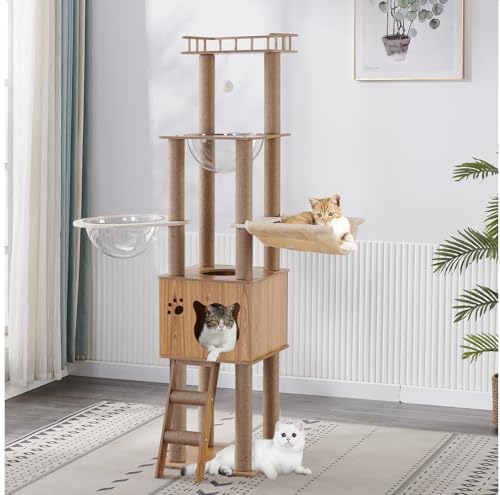 Kratzbaum aus Holz mit Katzenhütte, Katzentreppe, Kratzbäume, 2 Schalen, Sisal-Kratzbäume, gemütliche Katzenhängematte und Sitzstange, Katzenbaum für große Katzen, 154 cm Kratzbaum aus Holz mit Katzenhütte, Katzentreppe, Kratzbäume, 2 Schalen, Sisal-Kratzbäume, gemütliche Katzenhängematte und Sitzstange, Katzenbaum für große Katzen, 154 cm von Yinanroa