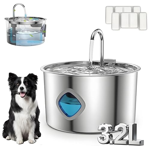YipuVR Katzen Wasserbrunnen Edelstahl, 3.2L/3,061.7 g Leise Pawdrate Hund Wasserbrunnen mit visuellem Wasserstand & 4 Stufen Filtration, für Haustiere, Hunde, Katzenbrunnen zum Trinken (2 Filter) von YipuVR
