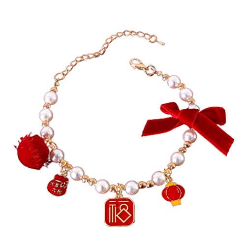 Hunde-Perlen-Halsband, 1 Stück, Haustier-Perlen-Halskette, verstellbare Perlen, Hunde-Halskette mit süßem Weihnachtsanhänger und Schleife, für Hunde, Katzen, Welpen, Katzen, Rot, M von Yirepny