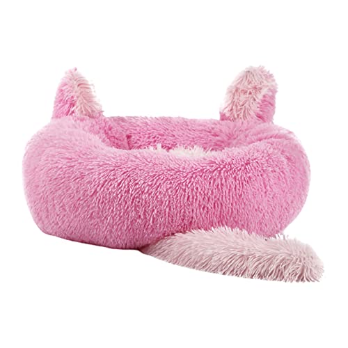 Katzen-Hundebett, mittlerer Plüsch mit Ohren, Winter, warmes Baumwollnest, geeignet für kleine, mittelgroße Haustiere, waschbares Haustierzubehör Pink L L von Yirtree