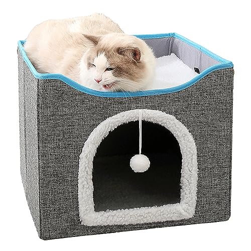 Yissone Katzenhöhle mit Überdachung, abnehmbares Würfelhaus mit flauschigem Ball zum Aufhängen, für große Kätzchen bis 50 kg von Yissone