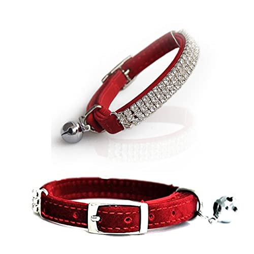 Yitaocity Verstellbares, weiches Samt-Halsband für Katzen, kleine Hunde, Katzen, Mädchen, glitzernd, mit Glöckchen, Rot von Yitaocity