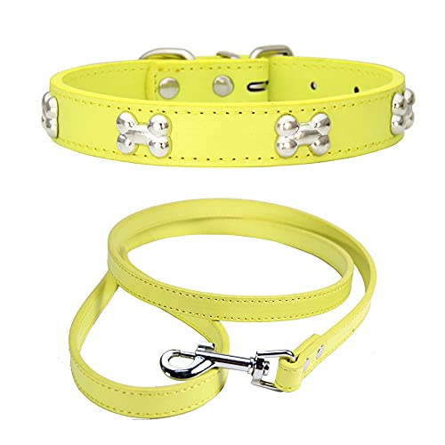 Yiwong PU Hundehalsband Verstellbar + Hundeleine, Hochwertiges Hundehalsband aus PU-Legierung, Hundehalsbänder für Katzen Kleine mittelgroße Hunde Welpen (S, Gelb) von Yiwong