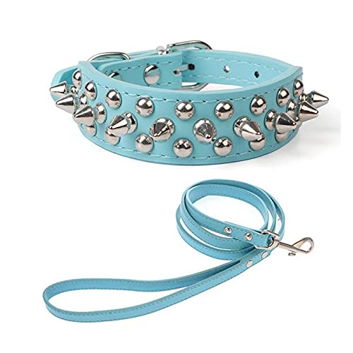 Yiwong Spiked Leather Hundehalsband Leine Set, Bullet Nail Rivet Hundehalsband, Hundehalsband aus Leder mit Nieten, für mittelgroße, Pitbull, englische Bulldogge (XL, Blau) von Yiwong