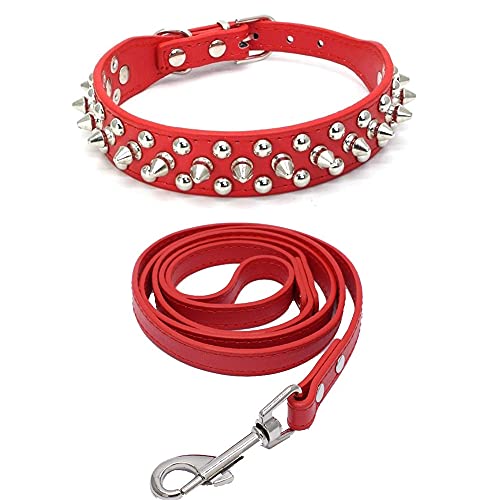 Yiwong Spiked Leather Hundehalsband Leine Set, Bullet Nail Rivet Hundehalsband, Hundehalsband aus Leder mit Nieten, für mittelgroße, Pitbull, englische Bulldogge (XXL, Rot) von Yiwong