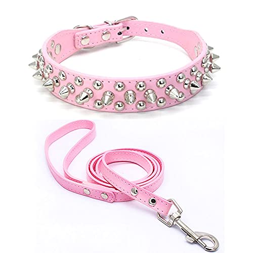 Yiwong Spiked Leather Hundehalsband Leine Set, Bullet Nail Rivet Hundehalsband, Hundehalsband aus Leder mit Nieten, für mittelgroße, Pitbull, englische Bulldogge (L, Rosa) Yiwong Spiked Leather Hundehalsband Leine Set, Bullet Nail Rivet Hundehalsband, Hundehalsband aus Leder mit Nieten, für mittelgroße, Pitbull, englische Bulldogge (L, Rosa) von Yiwong