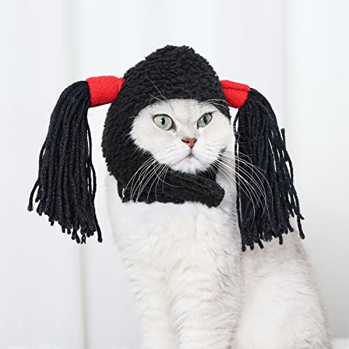 Yiwong Katzenperücke Kopfbedeckung, Katze Weihnachtsmütze Verkleiden, Lustiger Katzenhut Anziehen, Doppelter Pferdeschwanz Halloween-Katze Anziehen von Yiwong