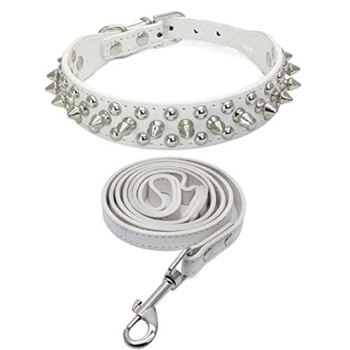 Yiwong Spiked Leather Hundehalsband Leine Set, Bullet Nail Rivet Hundehalsband, Hundehalsband aus Leder mit Nieten, für mittelgroße, Pitbull, englische Bulldogge (M, Weiß) von Yiwong