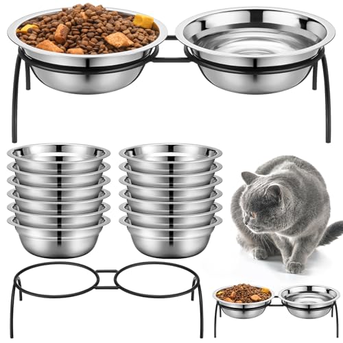 Yiyiring Erhöhte geneigte Katzennäpfe Set mit 13 erhöhten Katzennäpfen für Indoor Kitty und kleine Hunde Futternäpfe Metall Fütterung Wassernäpfe Haustier Futterspender mit Ständer 12 Edelstahlnäpfe von Yiyiring