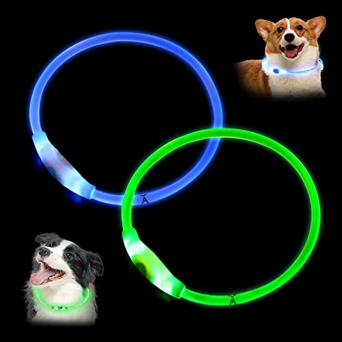 2 Stück LED-Hundehalsbänder, 69.8 cm, zuschneidbar, USB, wiederaufladbar, leuchtendes Haustierhalsband für Nacht und Sicherheit, mittelgroße und große Katzen und Hunde (grün, blau) von Yizerel