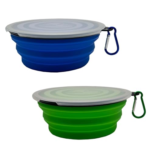 Faltbarer Hundenapf, mittelgroß, 650 ml, 2 Stück, tragbar und faltbar, mit 2 Karabinern und Deckeln, für Hunde, Katzen und Kleintiere, Blau + Grün, 650 ml von Ylaptew