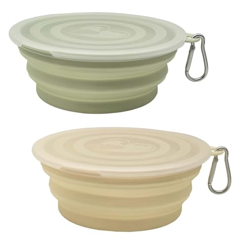 Faltbarer Hundenapf, mittelgroß, 650 ml, 2 Stück, tragbare und faltbare Haustier-Reisenäpfe mit 2 Karabinern und Deckeln für Hunde, Katzen und Kleintiere (Macaron Gelb + Grün, 650 ml) von Ylaptew