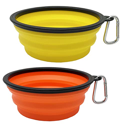 Großer faltbarer Hundenapf, 1000 ml, 2 Stück, tragbar und faltbar, mit 2 Karabinern, für Hunde, Katzen und Kleintiere (Gelb + Orange, ohne Deckel, 1000 ml) von Ylaptew