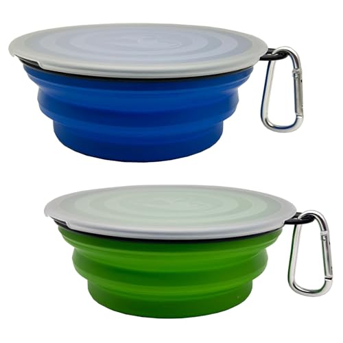 Großer faltbarer Hundenapf, 1000 ml, 2 Stück, tragbar und faltbar, mit 2 Karabinern und Deckeln, für Hunde, Katzen und Kleintiere, Blau + Grün, 1000 ml von Ylaptew