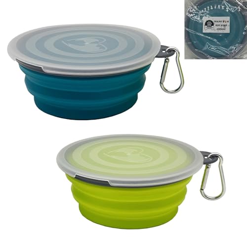 Kleiner faltbarer Hundenapf, 340 ml, 2 Stück, tragbar und faltbar, Haustier-Reisenäpfe, zusammenklappbar, mit Karabinerhaken, für Hunde, Katzen und Kleintiere, mit Deckel, Blau + Grün + Grau Kleiner faltbarer Hundenapf, 340 ml, 2 Stück, tragbar und faltbar, Haustier-Reisenäpfe, zusammenklappbar, mit Karabinerhaken, für Hunde, Katzen und Kleintiere, mit Deckel, Blau + Grün + Grau von Ylaptew
