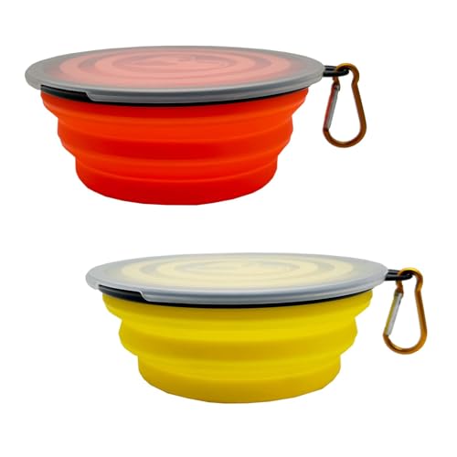 Kleiner faltbarer Hundenapf, 340 ml, 2 Stück, tragbare und faltbare Haustier-Reisenäpfe, zusammenklappbar, mit 2 Karabinern und Deckeln, für Hunde, Katzen und Kleintiere (Gelb + Orange, 350 ml) von Ylaptew
