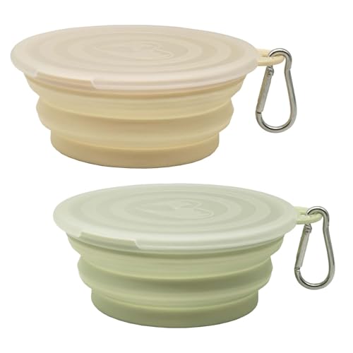 Kleiner faltbarer Hundenapf, 340 ml, 2 Stück, tragbare und faltbare Haustier-Reisenäpfe mit 2 Karabinern und Deckeln für Hunde, Katzen und Kleintiere (Macaron Gelb + Grün, 350 ml) von Ylaptew