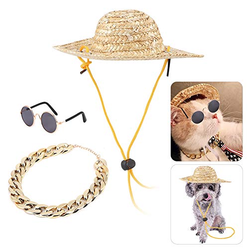0 Hund Sombrero Hut Haustier Sonnenbrille Haustierkette Halskette Zubehör Paket für Katzen und kleine Hunde, 3PCS(3PCS) von Ymiko