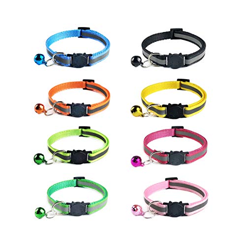 Ymwave 8 Stück Nylon Katzenhalsband Reflektierendes Coole Halsbänder mit Sicherheitsschnalle und Glocke Verstellbar 19–32 cm Coole Halsbänder für Hauskatzen kleine Hunde von Ymwave