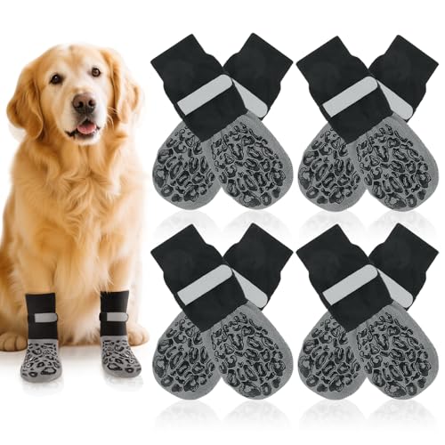 YnewL 4 Paar Hundesocken Anti Rutsch, Hundeschuhe mit Reflektor Verstellbarem Gurt, Pfotenschutz Hund für Kleine, Mittlere und Große Hunde (Größe XL) von YnewL