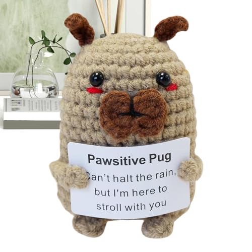 Ynnhik Emotionale Unterstützung häkeln Hund, Emotionale Unterstützung häkeln Tiere Hund,Inspirierende Welpenpuppe - Cheer Up Positive Häkelhund, süßer positiver Mops, gestricktes Hundespielzeu von Ynnhik