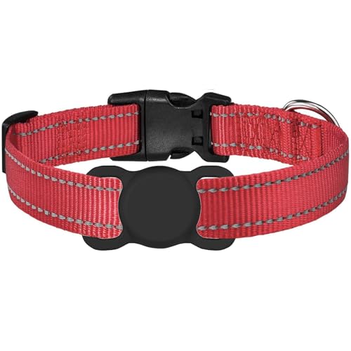 Hundehalsband mit Airtag-Halter, reflektierend, verstellbar, Nylon, Airtag-Hundehalsband aus Silikon (M, Rot) von Yogini