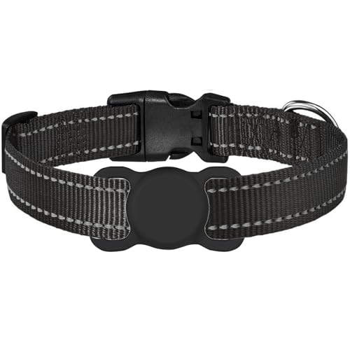 Hundehalsband mit Airtag-Halterung, reflektierend, verstellbar, Nylon-Hundehalsbänder mit Silikon-Airtag-Hundehalsbandhalter (S, Schwarz) von Yogini