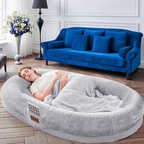 Human Dog Bed for People Adults Giant Bean Bag Bed with Blanket 72"x48"x10", Washable Faux Fur Nap Bed Adult Oval for People, Families, Pets Removable Large Memory Foam Human Sized Dog Bed Grey von Yojoker