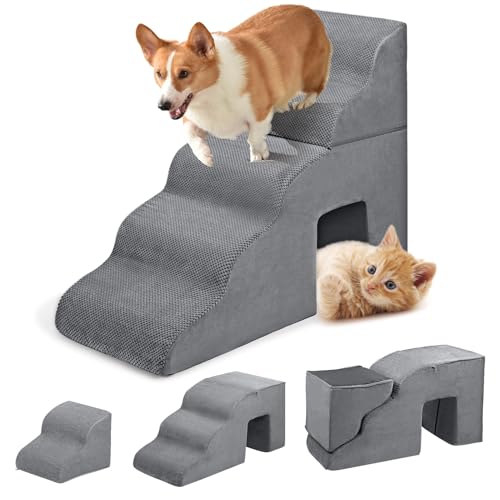 Hundetreppe Rampe für Hochbetten Hohe Couch, 3 in 1 Abnehmbare Gebogene Hundetreppe für Kleine Hunde Welpe, 5 Stufen Rutschfest Ausgewogen für Innen Grau von Yokawe