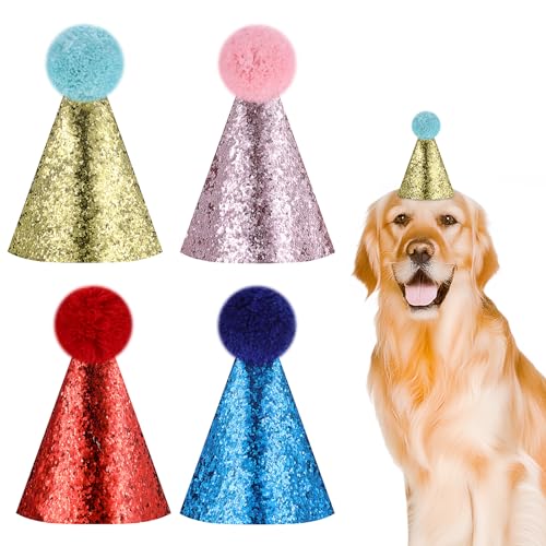 4 Stück Hund Geburtstag Hut Haustier Geburtstagshut Party Dekorationen Mehrfarbige Hundehüte Hunde Geburtstag Niedliche Katzen Hundegeburtstag Hüte mit Bommeln für Hochzeiten Welpen Kätzchen Partyhüte von Yolev