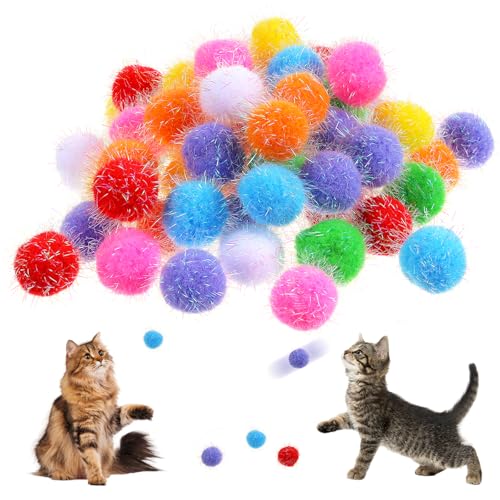 60 Stück Katzenbälle Glitzer Bunte Plüschbälle für Katzen Katzenspielzeug Ball Pompons zum Basteln Glitzer Katzenball Lametta für Katzen Interaktives Spielzeug Bälle für Innenräume von Yolev