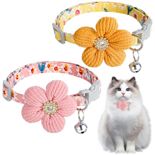 Katzenhalsband mit Glöckchen, Strass, Blume, Kätzchen, verstellbar, mit Glöckchen, Sicherheitsschnalle für Katzen, Hunde und kleine Haustiere, Rosa, 2 Stück von Yolev