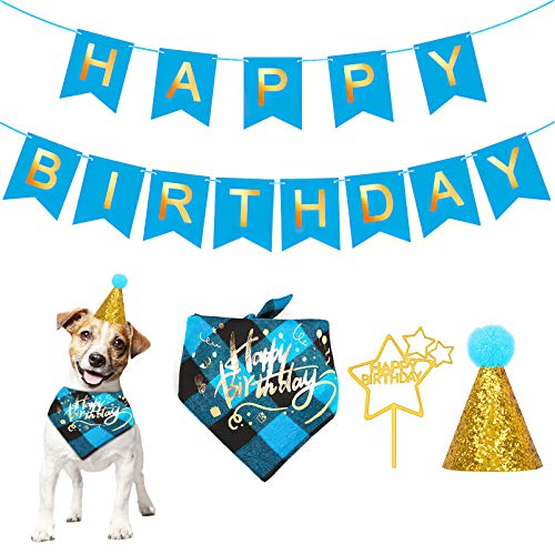 Yolispa Hunde-Geburtstagsparty-Zubehör, Haustier-Geburtstags-Hut, Plaid Bandana Happy Birthday Banner Tortenaufsatz-Set von Yolispa