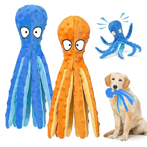 Quietschendes Hundespielzeug, Oktopus, keine Füllung, knisterndes Plüschspielzeug für Welpen, langlebiges interaktives Kauspielzeug für kleine, mittelgroße Hunde, Indoor-Spielen, 2 Stück von YonPhsy
