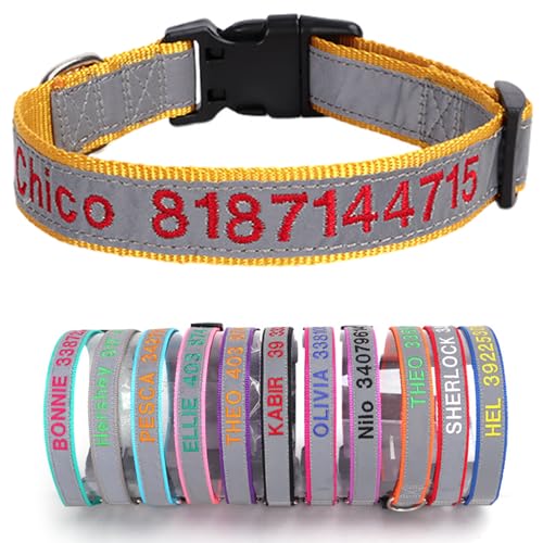 Reflektierend Hundehalsband Nylon mit Personalisiert Gesticktem Namen und Telefonnummer Verstellbar Halsband Passend für Große Mittlere Kleine Hunde Welpe von Yonsbox