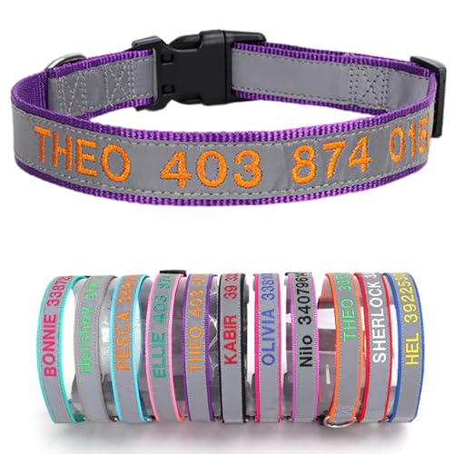 Reflektierend Hundehalsband Nylon mit Personalisiert Gesticktem Namen und Telefonnummer Verstellbar Halsband Passend für Große Mittlere Kleine Hunde Welpe von Yonsbox