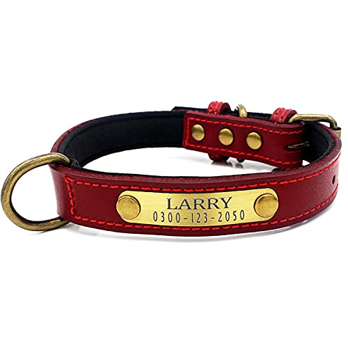 Weich Gepolstertes Hundehalsbänder und Leine Personalisierte Leder mit Namen und Telefonnummer Rot Welpen Halsband für Kleine Mittlere Große Hunde L 2,3 cm Breit Verstellbar 37-47 cm von Yonsbox